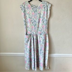 Vintage Laura Ashley Pastel Flower Cottagecore Drop Waist Cotton Midi Dress